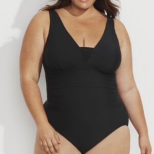 Lands End Grecian Slendersuit Chlorine Resistant One Piece sz 18 Black UPF 50